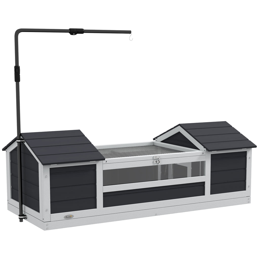 Casa para tortugas de tierra de exterior con 2 nidos, techo abatible y soporte de lámpara, madera maciza, 120x56,5x43 cm, gris-0