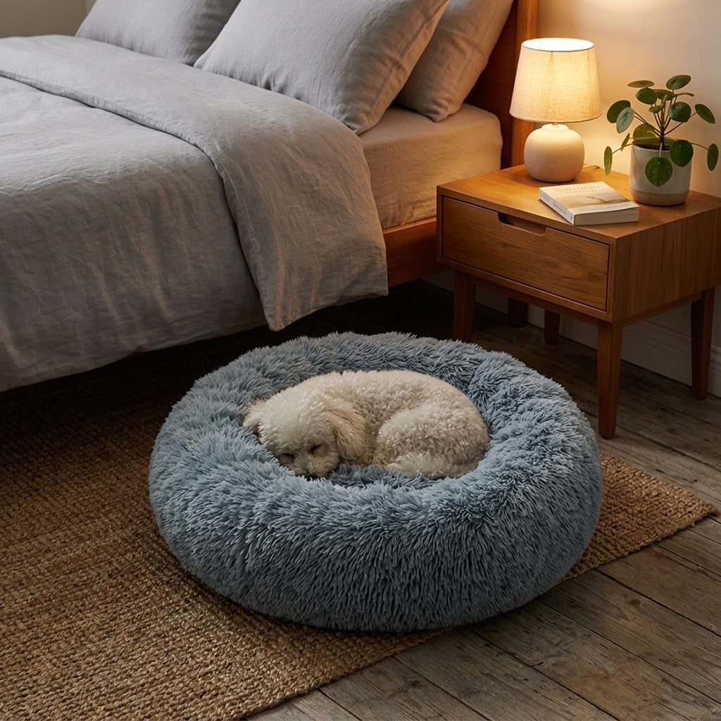 Cama nido redonda de felpa gris para perros y gatos junto a la mesita de noche