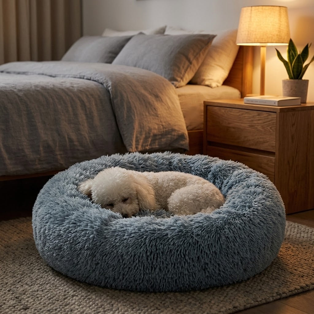 Cama nido redonda de felpa con caniche blanco en dormitorio acogedor