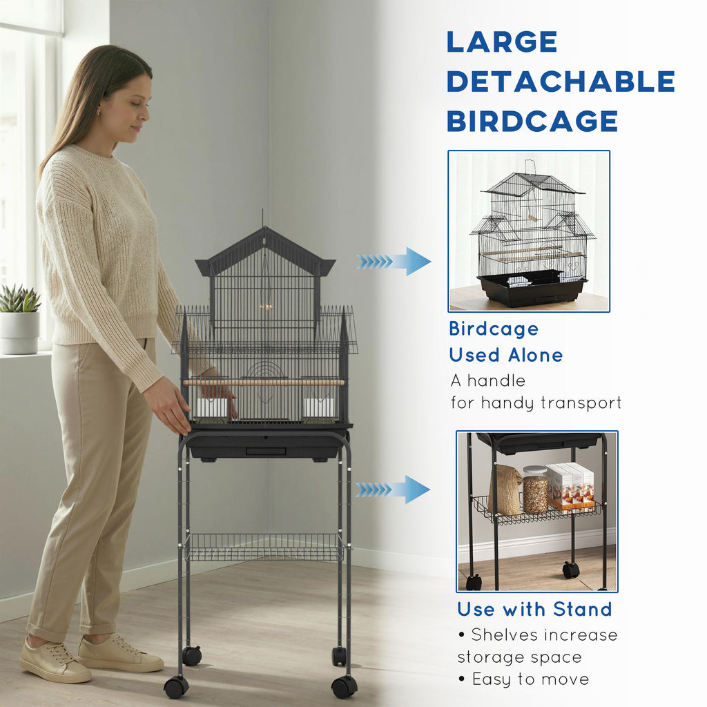Jaula grande para pájaros con soporte y ruedas negra