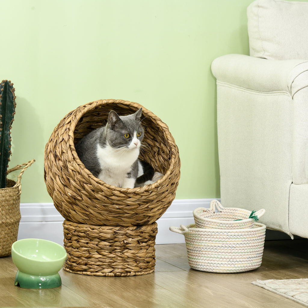 Cama cueva de fibra trenzada para gatos con cojín lavable, 40 x 37 x 51 cm