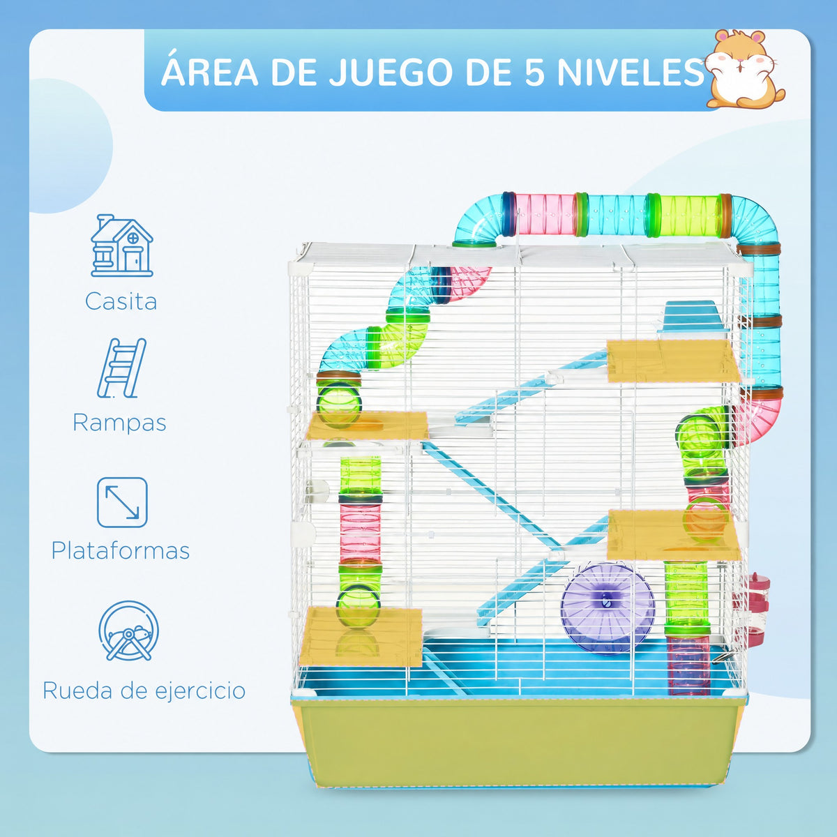 Jaula grande de 5 niveles para hámster con túneles, rueda y casita