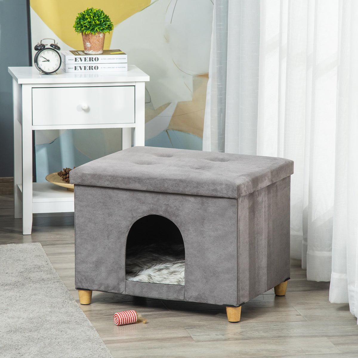 Cueva para gatos 2 en 1 con reposapiés y cojín de felpa, gris