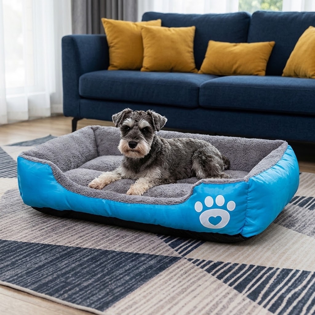 Cama de terciopelo suave para perros y gatos junto a sofá azul