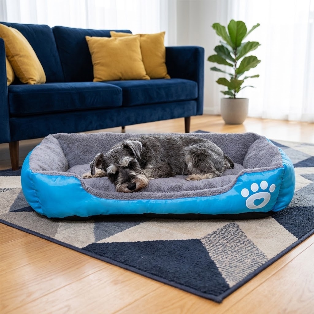 Cama de terciopelo suave y cálida con schnauzer en salón moderno