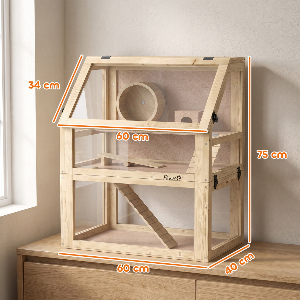 Jaula de madera para hámster de 3 niveles con accesorios