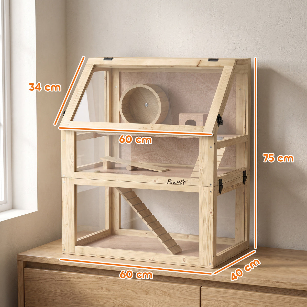 Jaula de madera para hámster de 3 niveles con accesorios