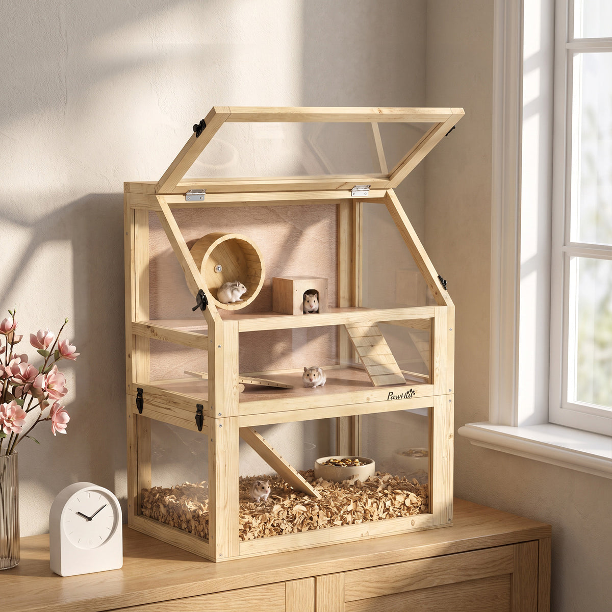Jaula de madera para hámster de 3 niveles con accesorios
