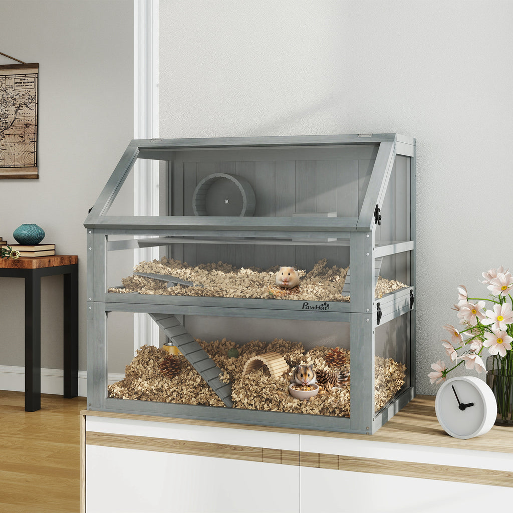Jaula para hámster de madera 3 niveles con base profunda extraíble, 80x50x76 cm, gris claro-9