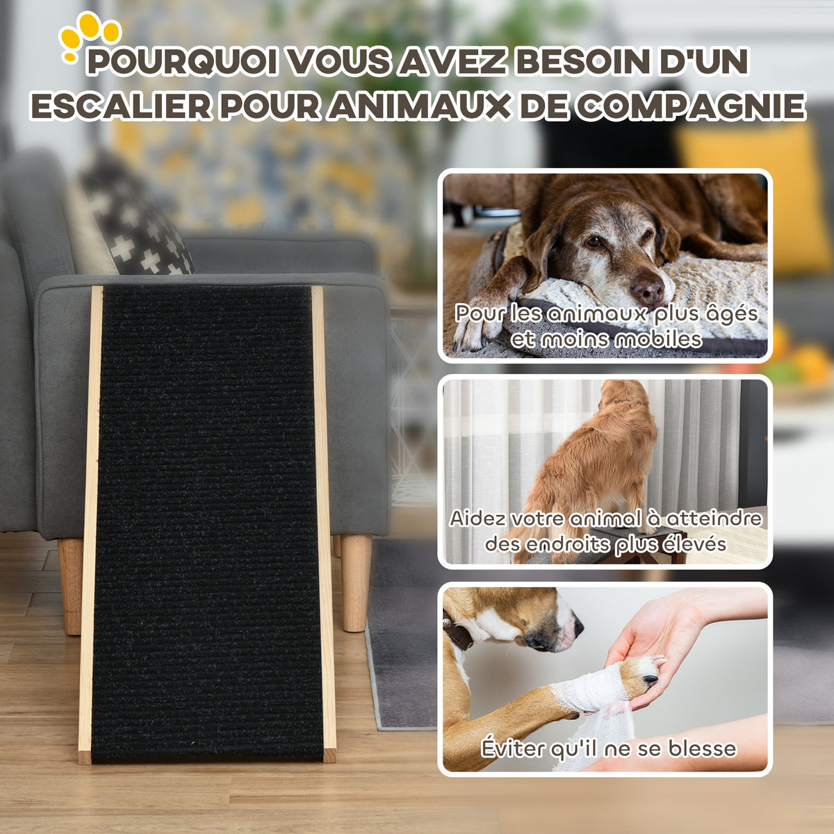 Rampa plegable de madera para perros y gatos, altura regulable 26-61 cm