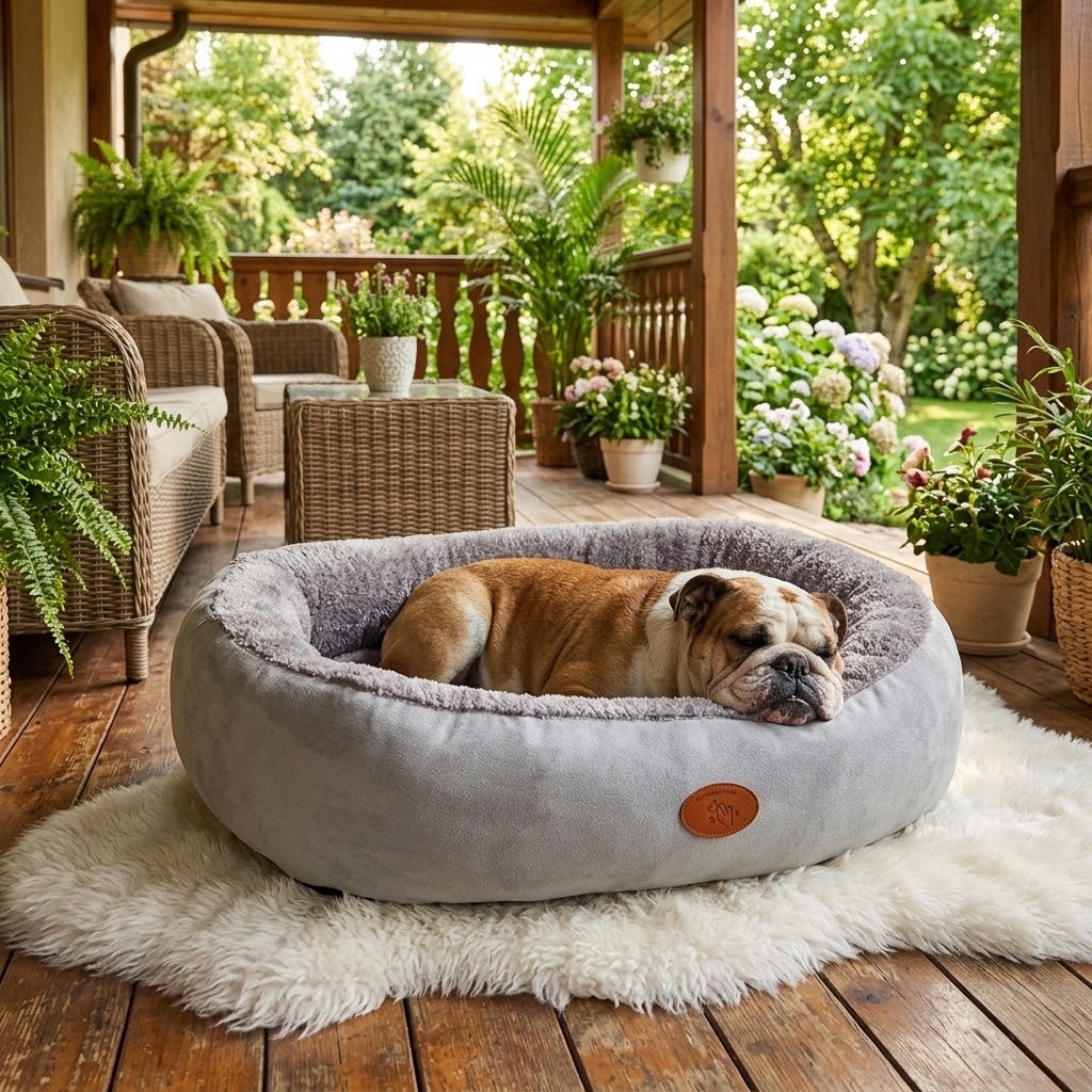 Cama ovalada transpirable para perros y gatos en terraza con plantas