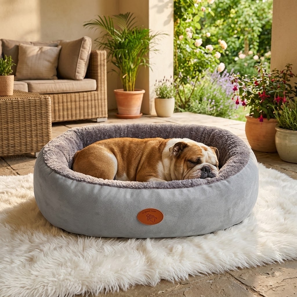 Cama ovalada transpirable con bulldog inglés en terraza de verano