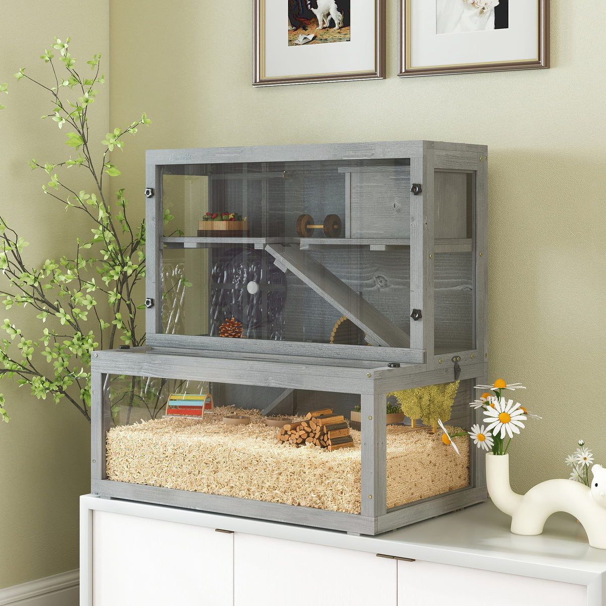 Jaula para hámster de madera 3 niveles con casita, rueda y rampas, 80x50x84 cm, gris-1