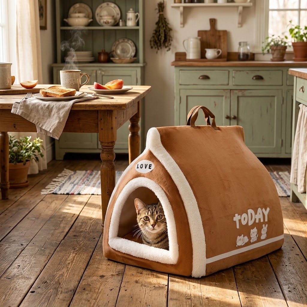 Cama casita tipo tostada con gato en una cocina luminosa