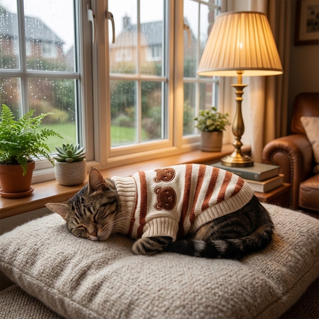 Gato con suéter de rayas durmiendo sobre un cojín junto a la ventana