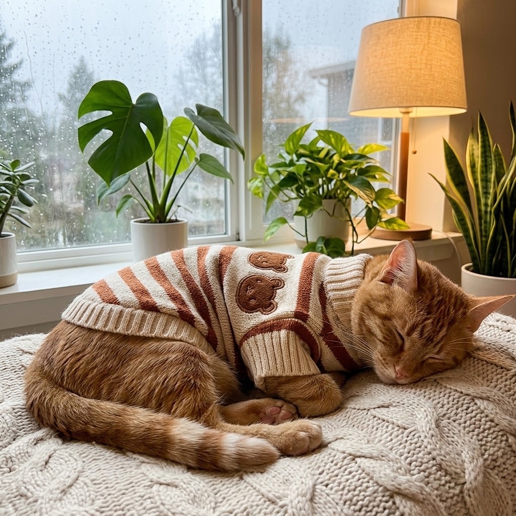 Gato con suéter cálido de rayas descansando en un salón acogedor con plantas