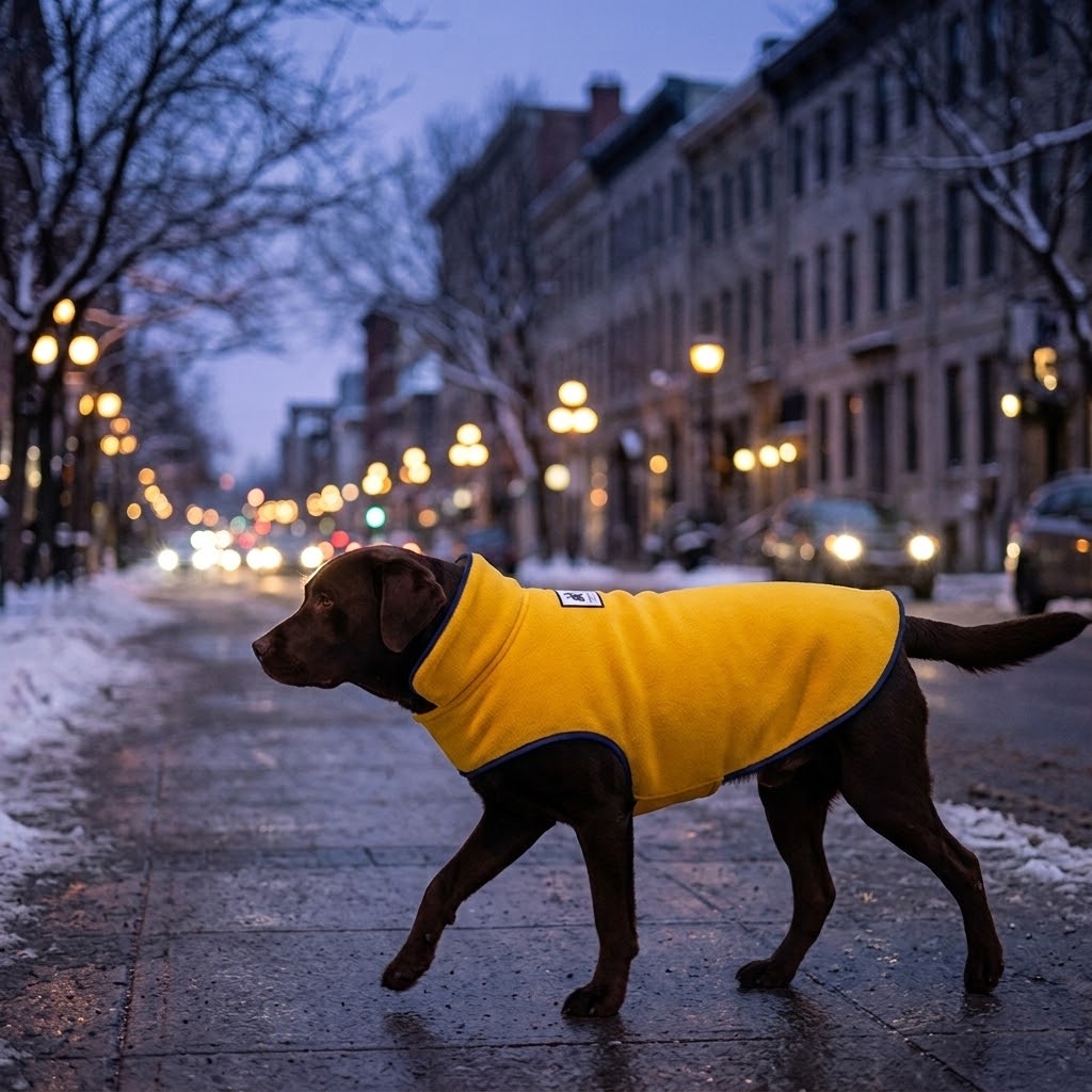 Perro con abrigo polar amarillo reflectante paseando por la ciudad al anochecer en invierno