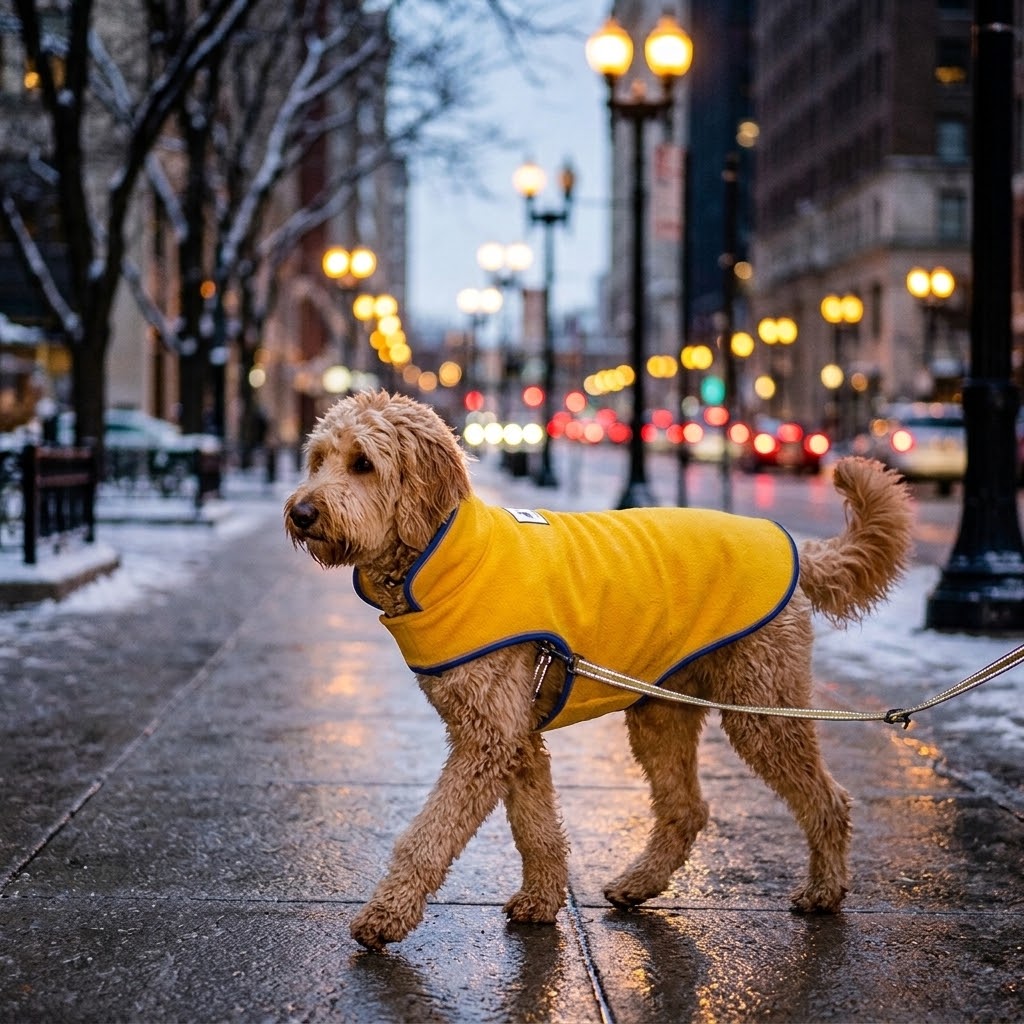 Perro con abrigo polar reflectante amarillo en una calle nevada con farolas