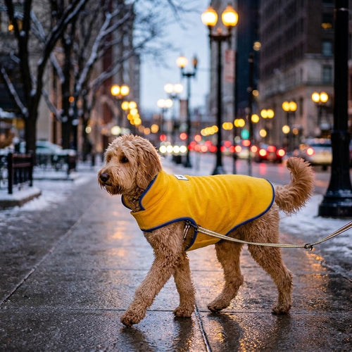Perro con abrigo polar reflectante amarillo en una calle nevada con farolas