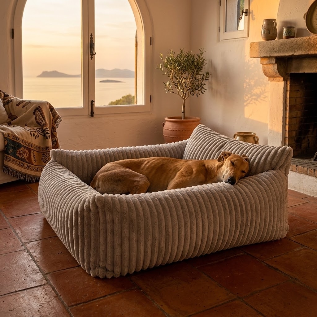Sofá para perros de pana con espuma viscoelástica y vistas al mar al atardecer