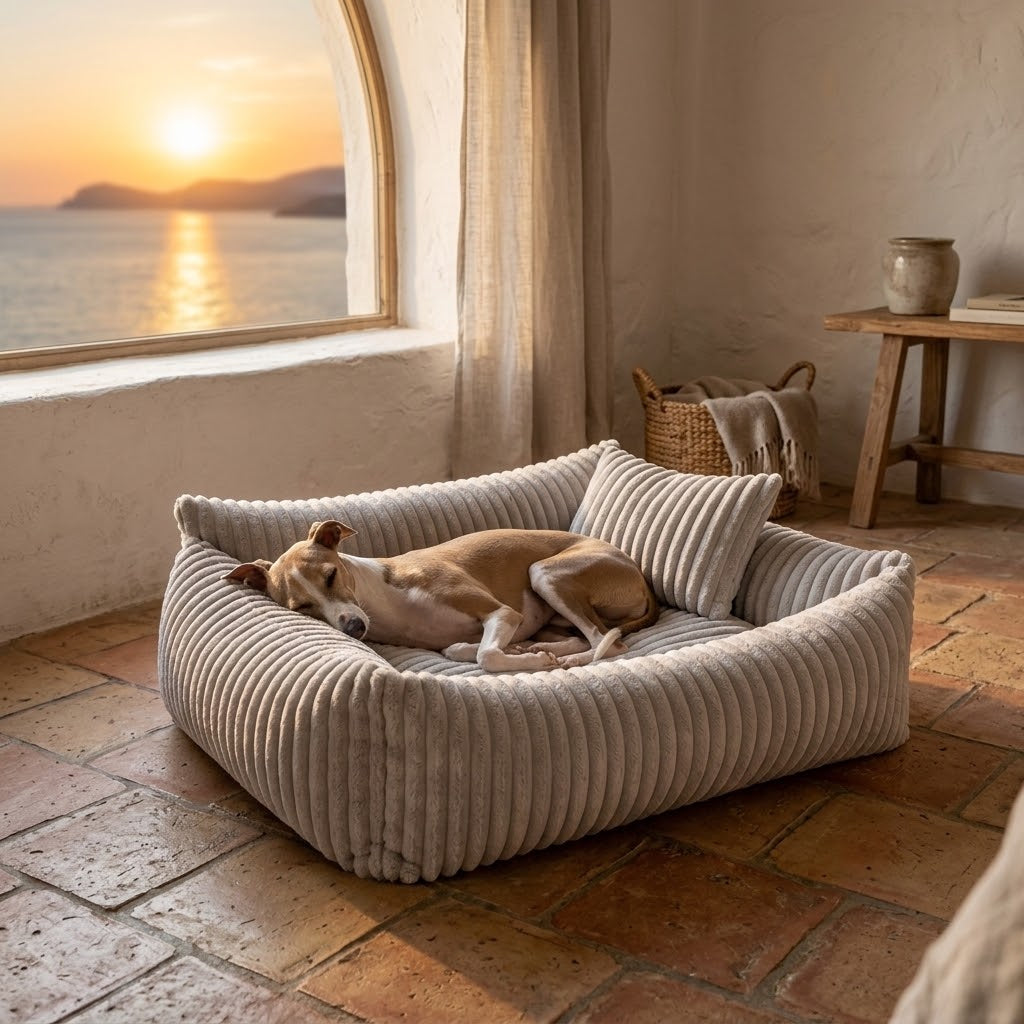 Sofá para perros de pana gris con galgo en salón mediterráneo