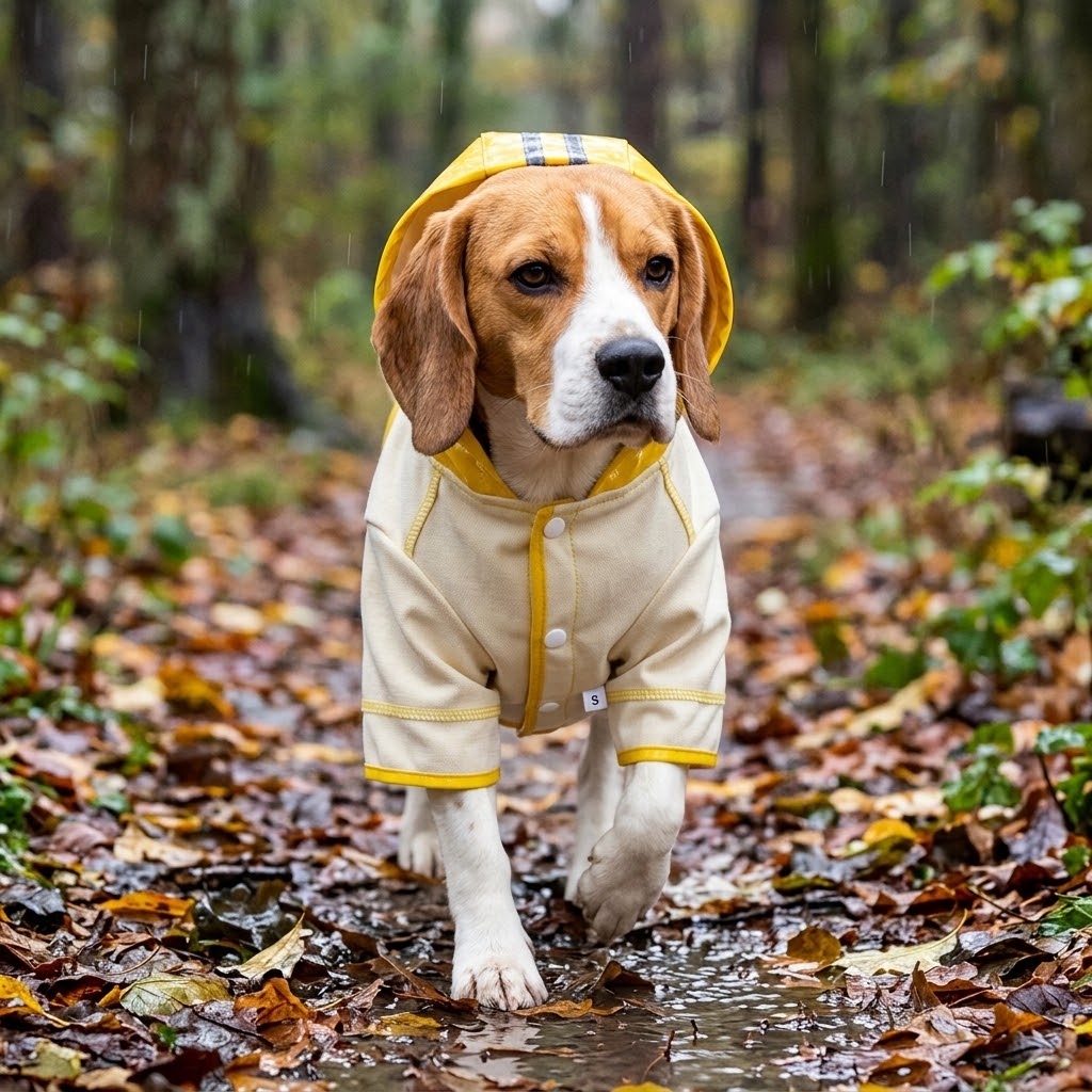 Perro con chubasquero con capucha paseando bajo la lluvia