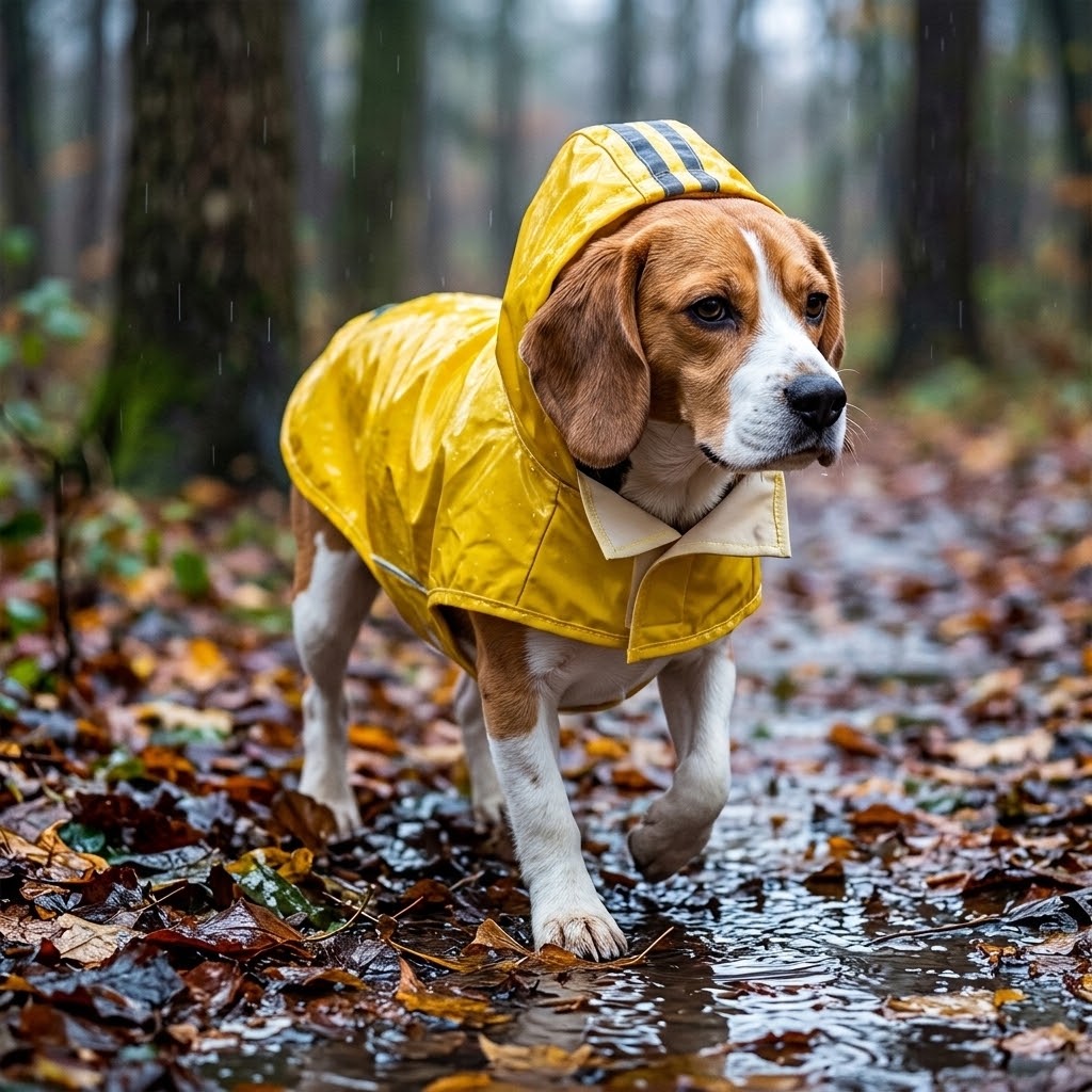 Chubasquero reflectante impermeable amarillo puesto en beagle en bosque lluvioso
