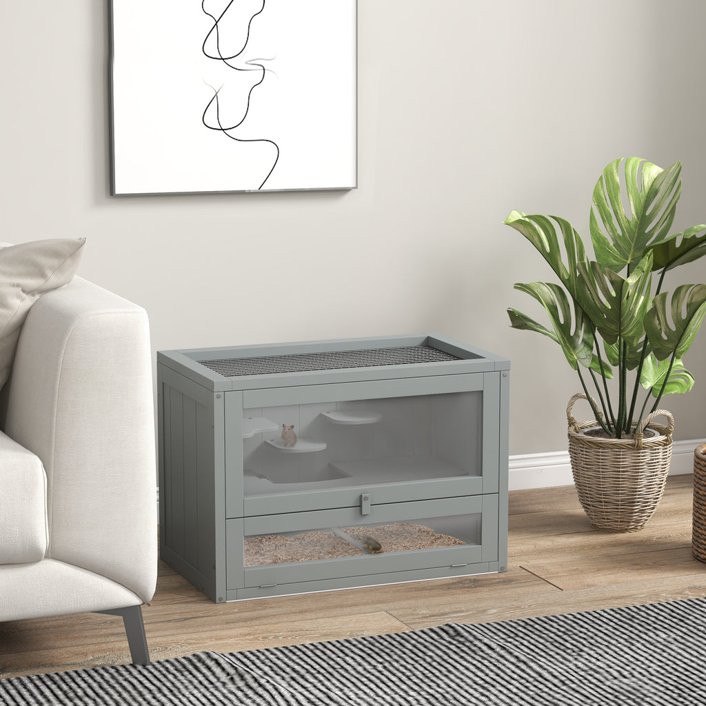 Jaula de madera para hámster con rampa y techo abatible, 60 x 35 x 42 cm, gris, foto 5 de 9