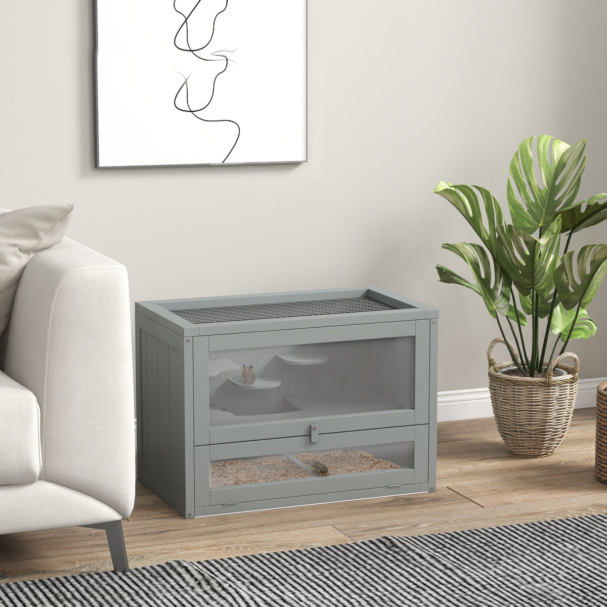 Jaula de madera para hámster con rampa y techo abatible, 60 x 35 x 42 cm, gris, foto 5 de 9