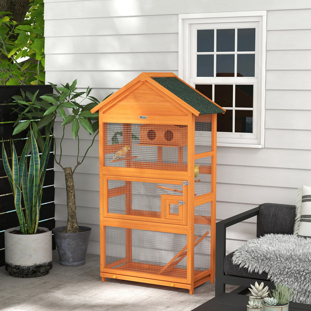 Jaula de madera para pájaros con zona de juegos y techo impermeable, 92x52x171 cm, naranja-9