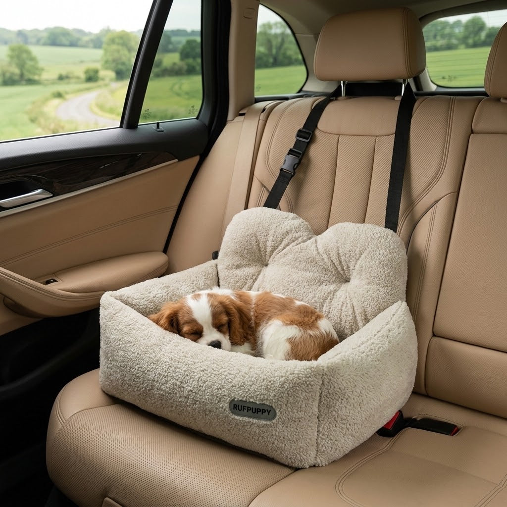 Asiento de coche de felpa para perros y gatos con paisaje de campo por la ventanilla