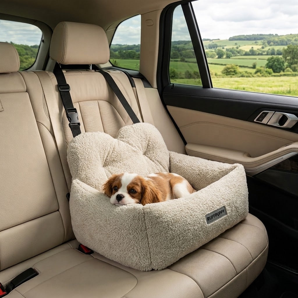 Asiento de coche acolchado de felpa con perrito en el asiento trasero