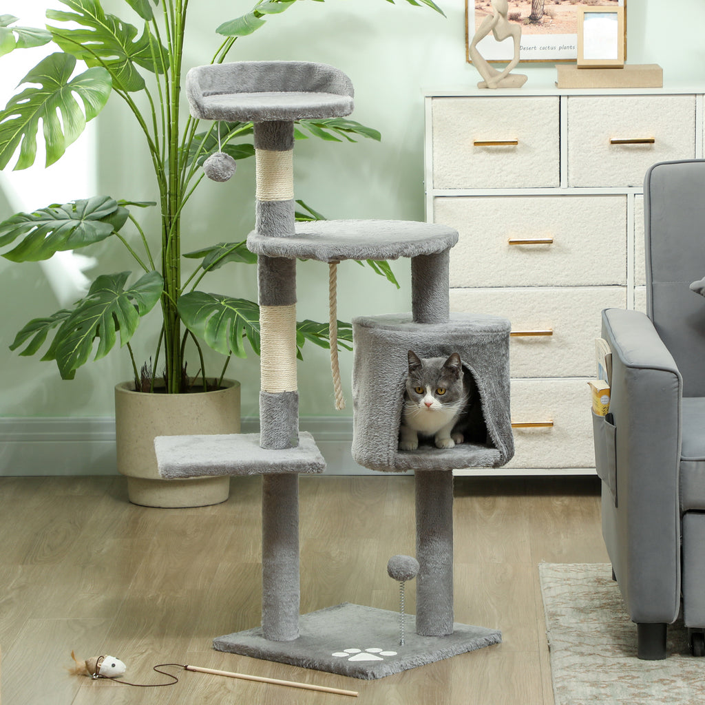 Árbol rascador para gatos con plataformas y caseta gris, foto 6 de 9