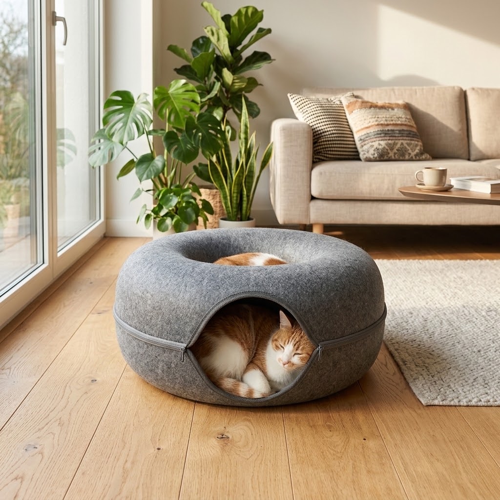 Gato dentro de una cama túnel donut gris de fieltro en un salón luminoso