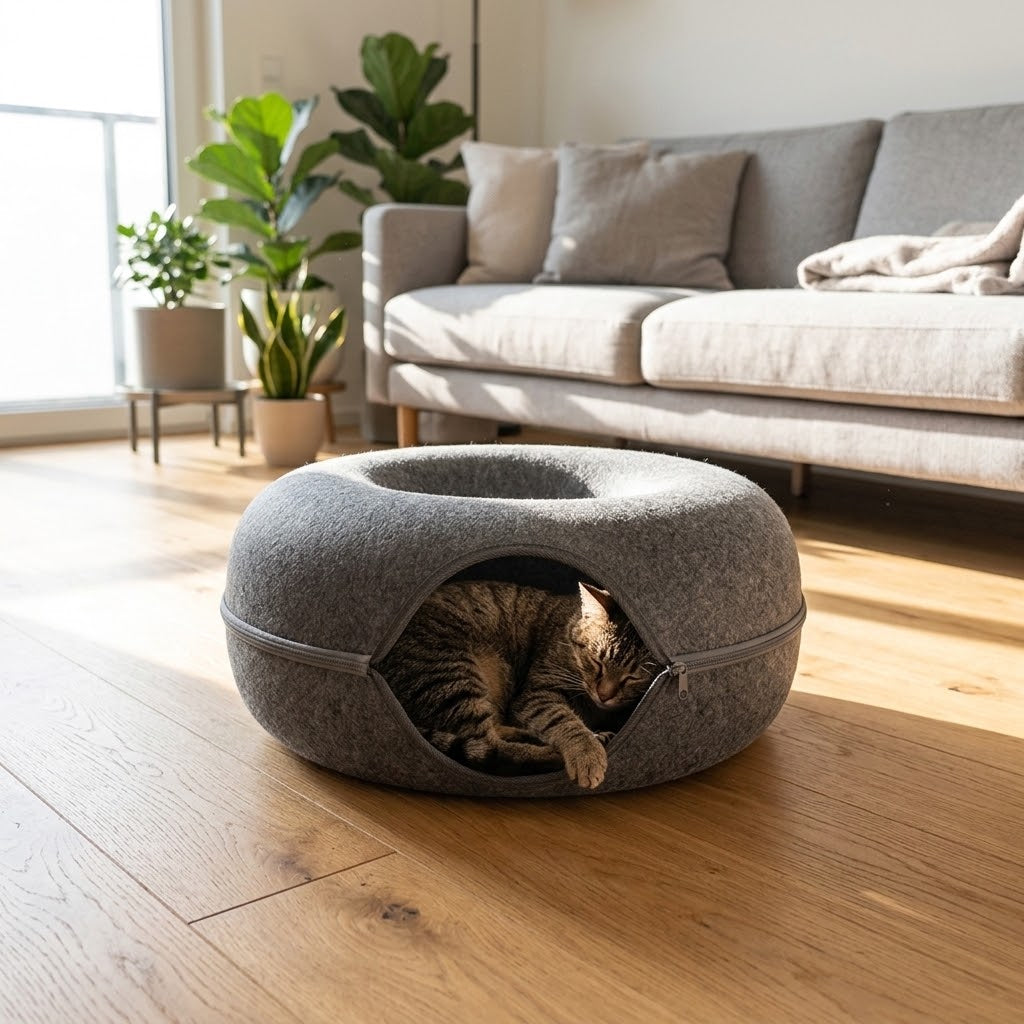 Cama donut para gatos con túnel en un salón moderno con plantas