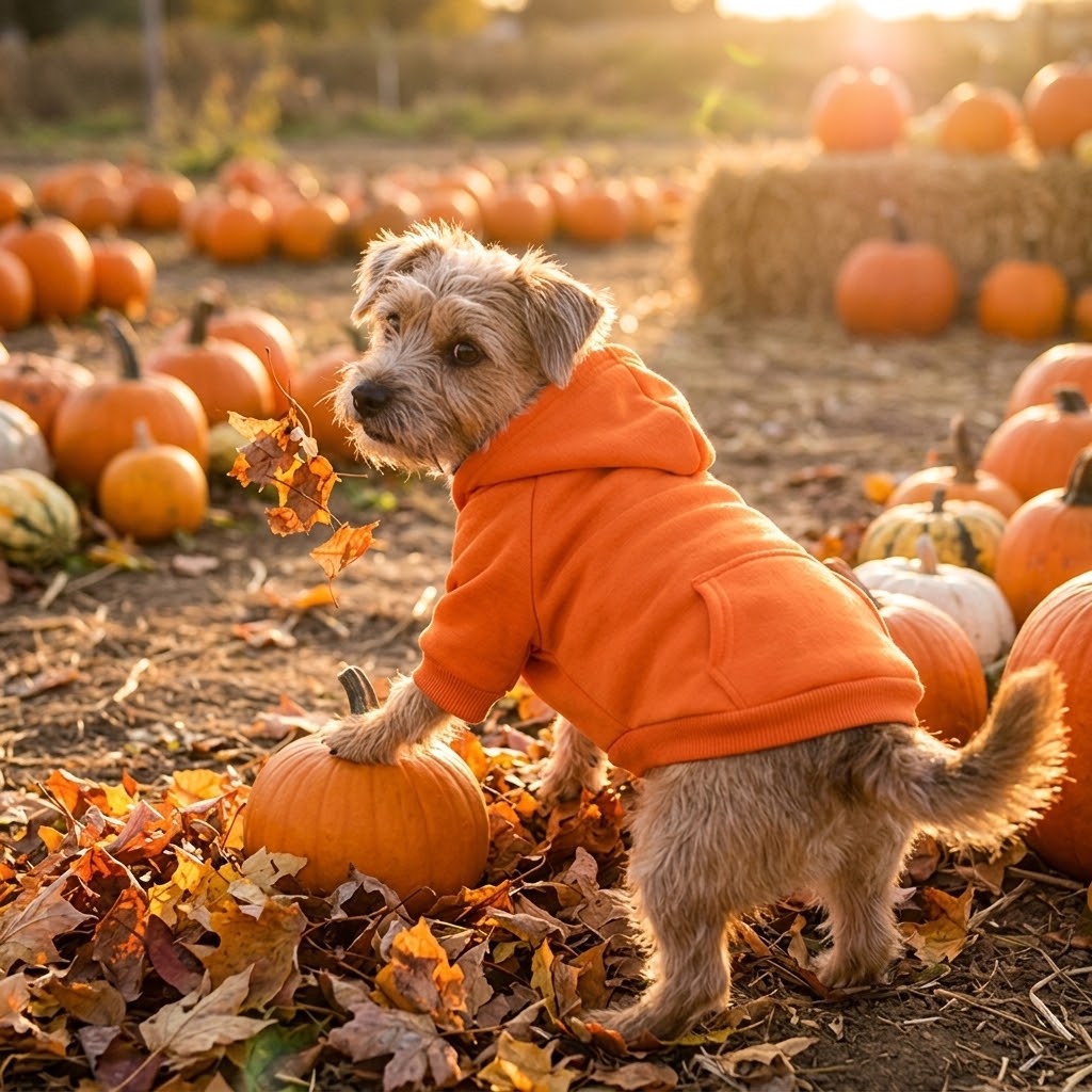 Perro pequeño con sudadera naranja de algodón en un huerto de calabazas en otoño
