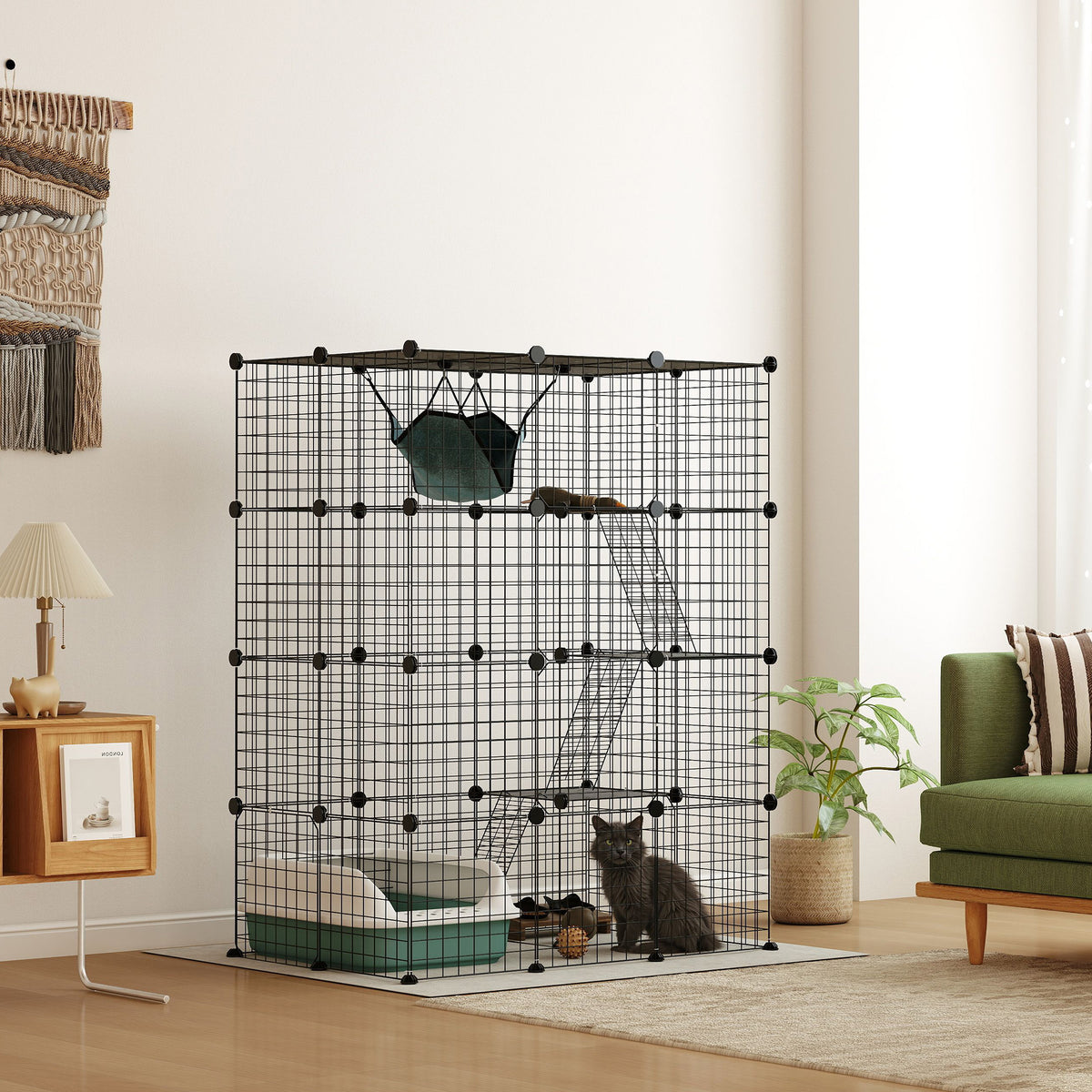 Parque modular de acero para gatos y conejos, 4 niveles