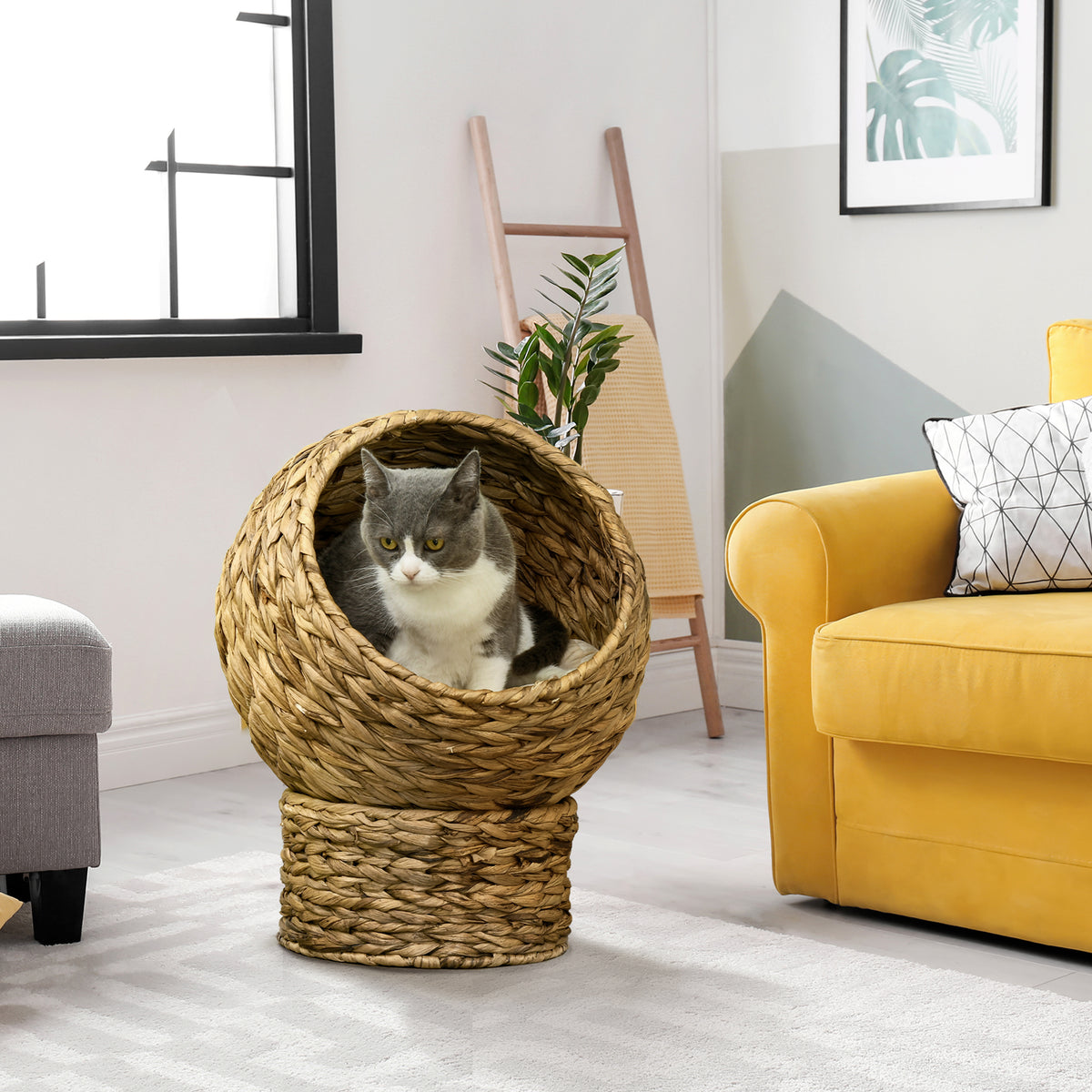 Cama cueva de fibra trenzada para gatos con cojín lavable, 40 x 37 x 51 cm