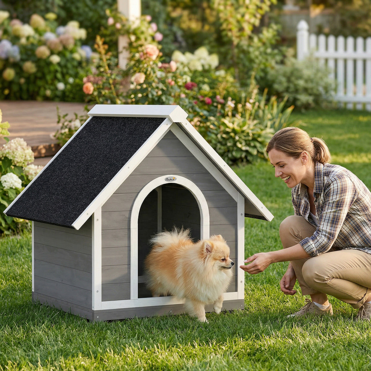 Caseta de madera para perros pequeños con cuerpo abatible, 101x84x85 cm