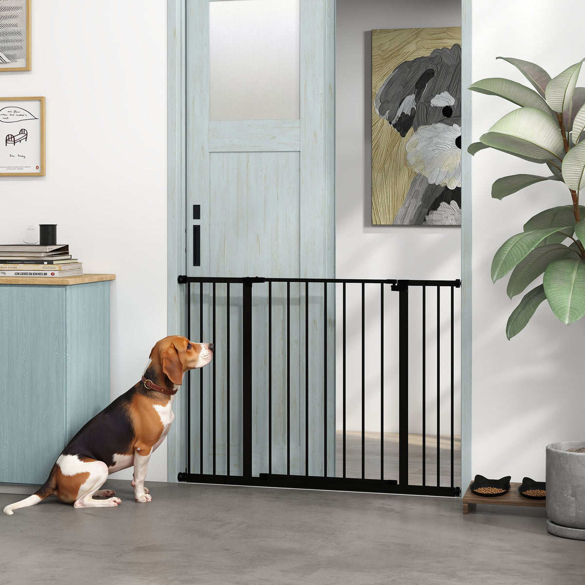Barrière de Sécurité Chien Réglable 76-107 cm, avec 2 Rallonges (10/15 cm), Ouverture d'une Main, sans Perçage, Noir-9