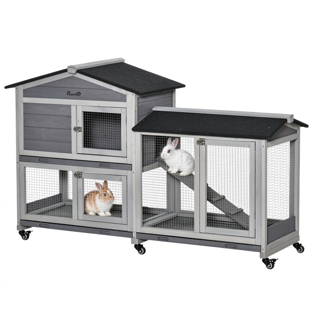 Conejera de exterior de madera con ruedas y 2 pisos, 157 x 53 x 99,5 cm, gris