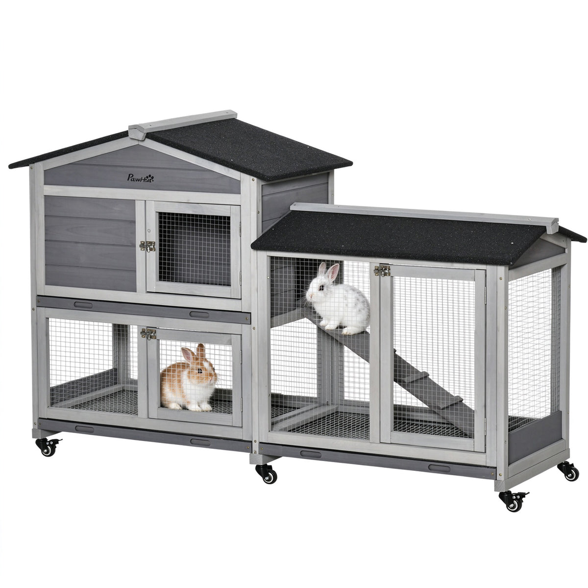 Conejera de exterior de madera con ruedas y 2 pisos, 157 x 53 x 99,5 cm, gris