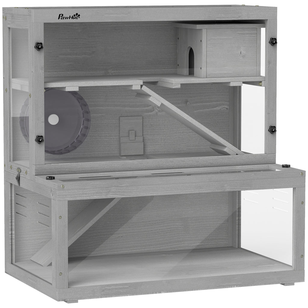 Jaula para hámster de madera 3 niveles con casita, rueda y rampas, 80x50x84 cm, gris-0
