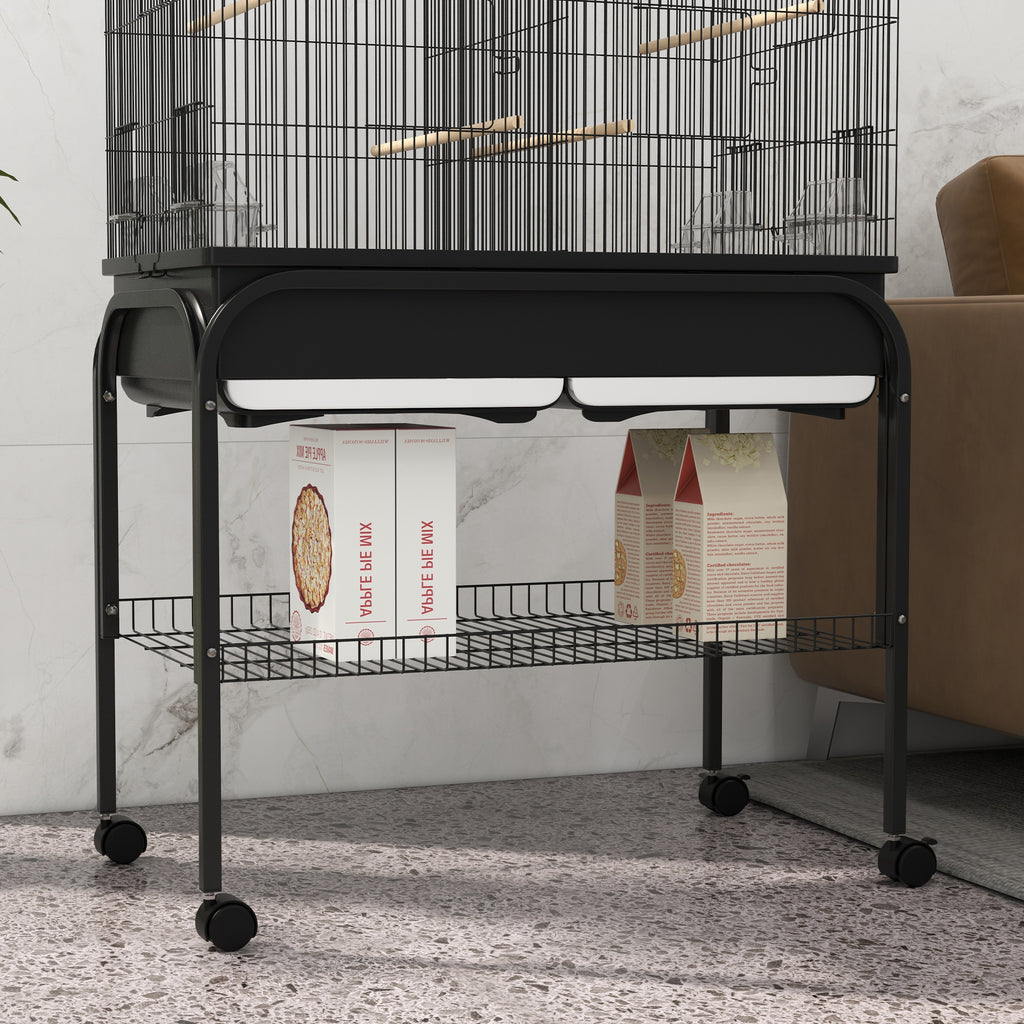 Jaula grande para pájaros y loros con soporte y ruedas, 85x49x119 cm, negra-7