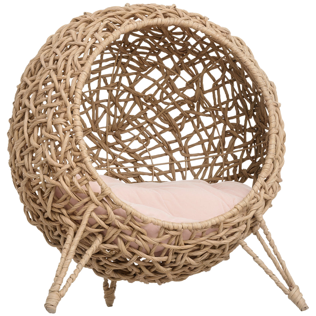 Cama cueva elevada de ratán para gatos con cojín de felpa, beige
