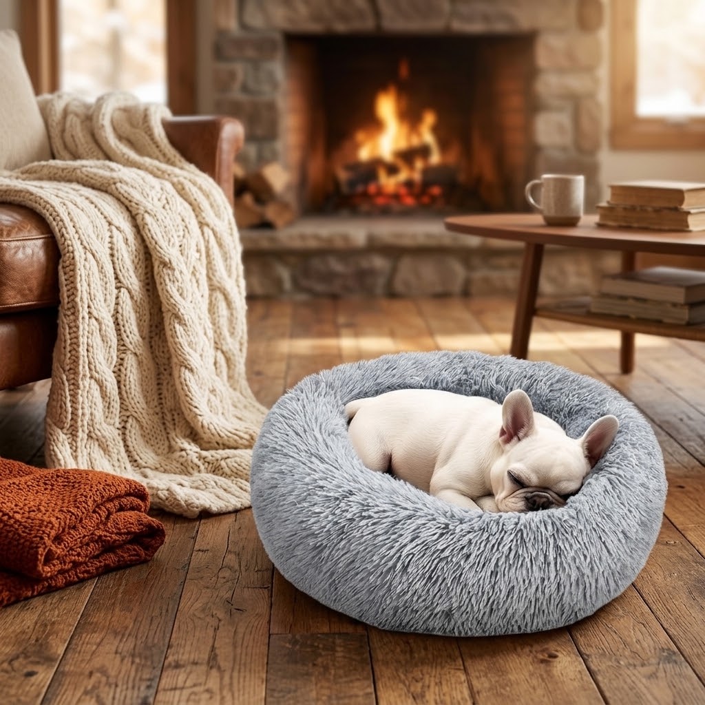 Bulldog francés durmiendo en una cama donut gris de peluche junto a la chimenea