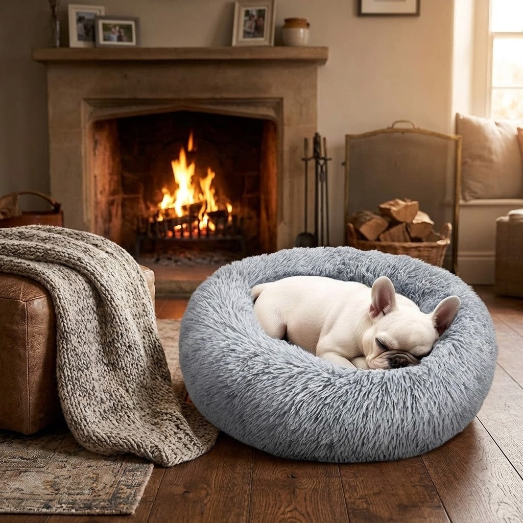 Cama donut gris de peluche con perro dormido en un salón acogedor