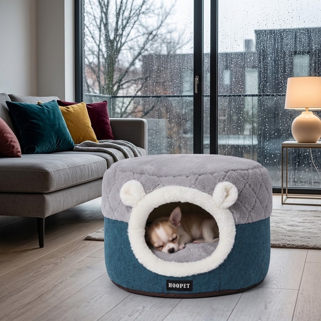 Cama cueva de felpa para perros pequeños y gatos junto a ventana con lluvia