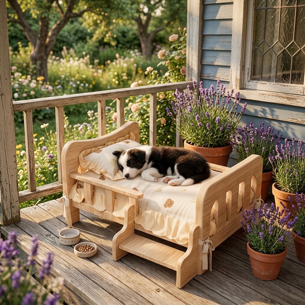 Cama elevada de madera para perros en porche de casa de campo