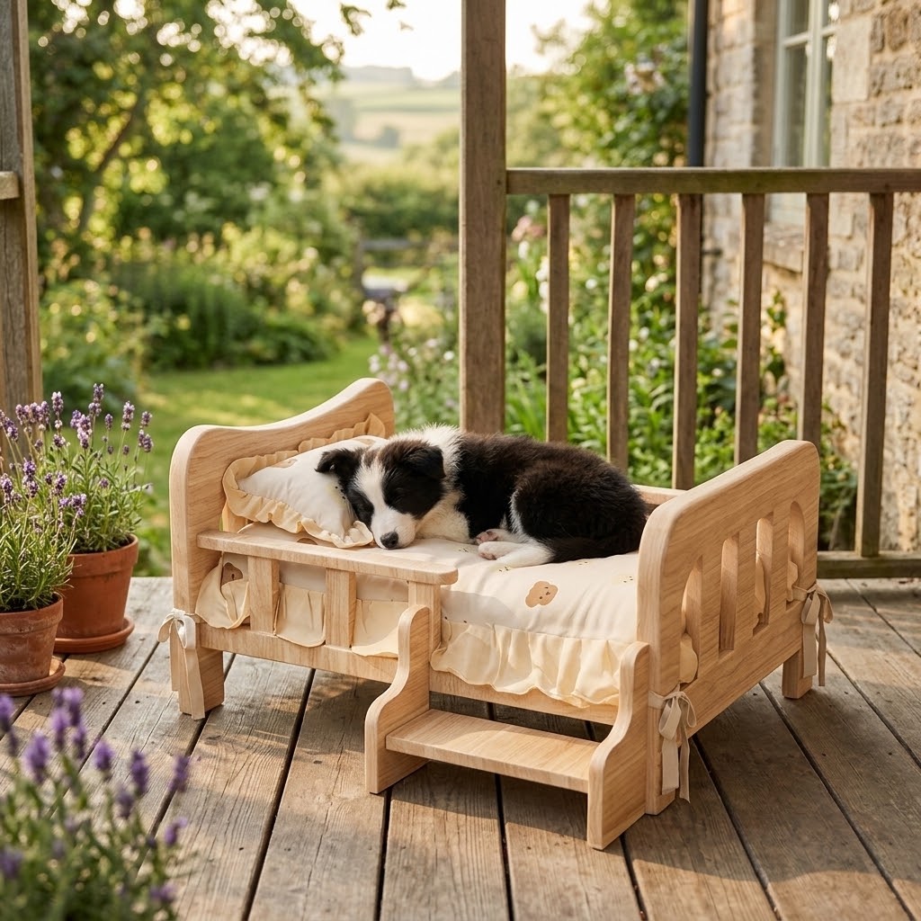 Cama elevada de madera con perro border collie en porche con lavanda